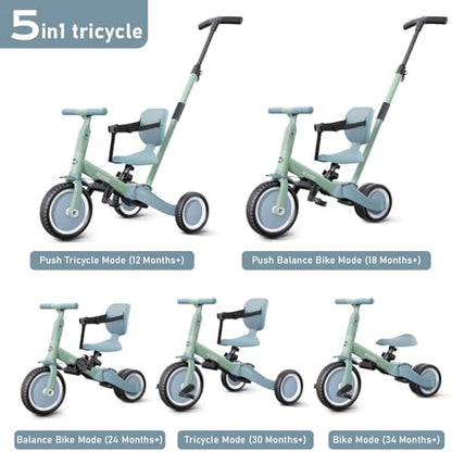newyoo Toddler Tricycle with Push Handle for 1-3 Year Old, Toddler Bike, Birthday Gifts and Toys for Boys and Girls, 5 in 1 Kids Trike, Convert to Baby Balance Bike, Green, TR007