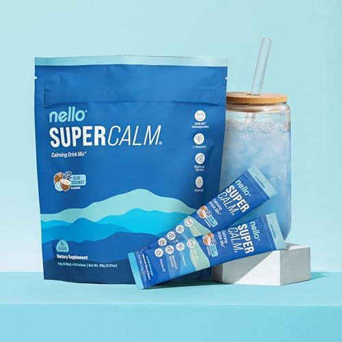 Supercalm Powdered Drink Mix, Blue Coconut, L Theanine, Ksm-66 Ashwagandha, Magnesium Glycinate, Vitamin D 3, Supplements for Relaxation & Focus, No Sugar, Non GMO, On The Go, 20 Srvgs