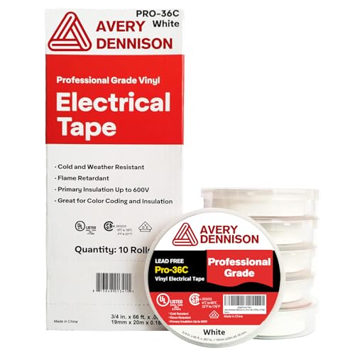 Electrical Tape, 10 Rolls Professional Grade PVC Electric Tape, UL/CSA Listed ¾ in x 66 ft Insulating Vinyl Tape for Electrical, Repairs, Automotive and Equipment, Pro-36C, White