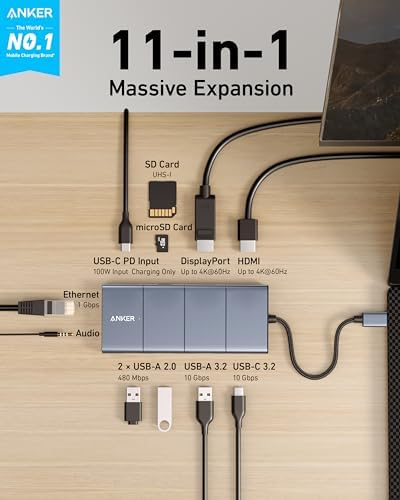 Anker USB C Hub, 11-in-1 Docking Station Dual Monitor, 10 Gbps USB-C and USB-A Data Ports, 4K HDMI and DisplayPort, 85W Power Delivery, 2 Data Ports, Ethernet, for XPS