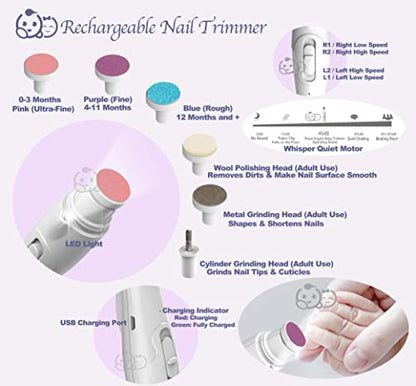 Royal Angels Rechargeable Baby Nail Clippers 20 in 1, Safe Electric Nail Trimmer, Baby Nail Kit, Additional Replacements, Newborn Toddler Toes and Fingernails, Trim and Polish (Rechargeable, Snow)