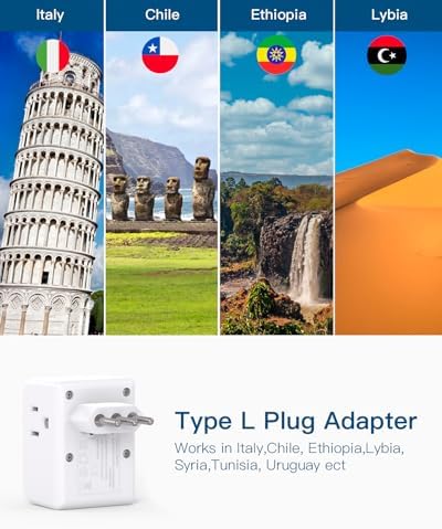2 Pack Italy Travel Plug Adapter, Type L Italy Power Adapter with 3 American Outlets 3 USB Ports(1USB C), 6 in 1 Travel Outlet Adaptor, 3 Prong Grounded Plug for USA to Italy Chile Uruguay Italian