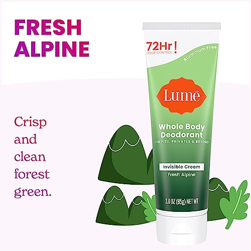 Lume Whole Body Deodorant - Invisible Cream Tube - 72 Hour Odor Control - Aluminum Free, Baking Soda Free, Skin Safe - 3.0 ounce (Pack of 2) (Fresh Alpine)