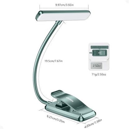 Gritin 19 LED Rechargeable Book Light for Reading in Bed with Memory Function- Eye Caring 3 Color Temperatures,Stepless Dimming Brightness,80 Hrs Runtime Clip on Light for Book Lovers-Blackish Green