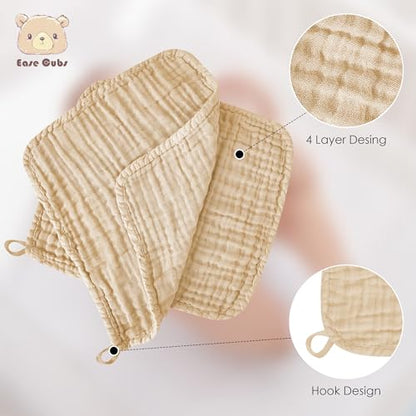 12 Pack Muslin Washcloths for Baby - 100% Cotton Baby Wash Cloths for or Baby Face Body Comfy and Soft for Newborn Infants Kids Girls and Boys - 12"x12" - Brown