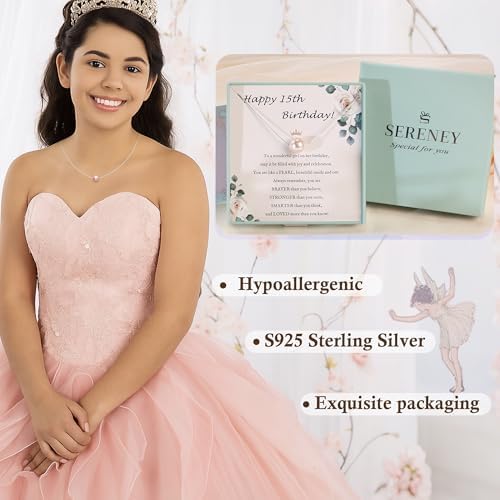Sereney Birthday Gifts for Girls Women, Sterling Silver Pearl Necklace as 7 9 10 11 13 15 16 18 21 30 40 50 60 Year Old Birthday Gifts, Single Pearl Necklace as Bday Gifts for Friends
