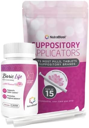 NutraBlast Boric Acid Vaginal Suppositories 600mg Bundle with Applicator, 30 Suppositories & 15 Applicators - Feminine Care - Made in USA