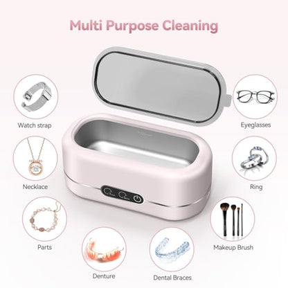 Ultrasonic Jewelry Cleaner, Upgraded 48KHz Ultrasonic Cleaner Machine with 304 Stainless Steel for Jewelry, Eyeglasses, Rings, Dentures, Watch Strap（Pink）