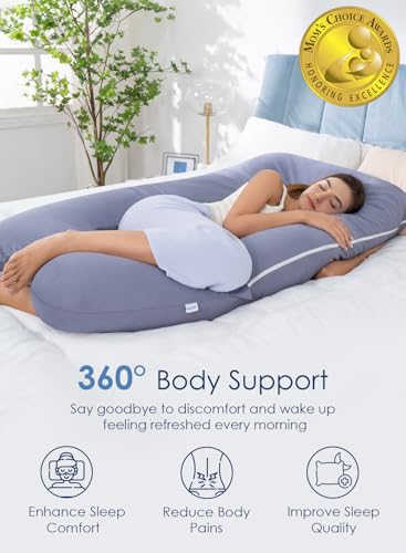 QUEEN ROSE Pregnancy Pillow, U Shaped Full Body Pillows for Sleeping Support, 55 Inch Maternity Pillow for Pregnant Women with Cooling Silky Cover, Blue