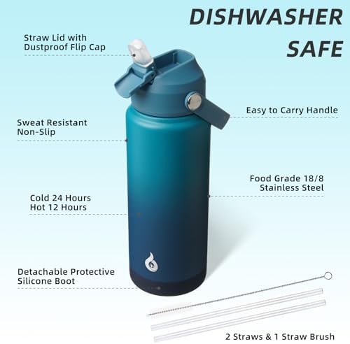 BJPKPK Water Bottle with Straw Lid, 24oz Vacuum Insulated Water Bottles, Metal Stainless Steel Thermos for Sports, Travel, BPA Free Leak Proof Thermos, Cups, Flasks, Tumblers,Vast
