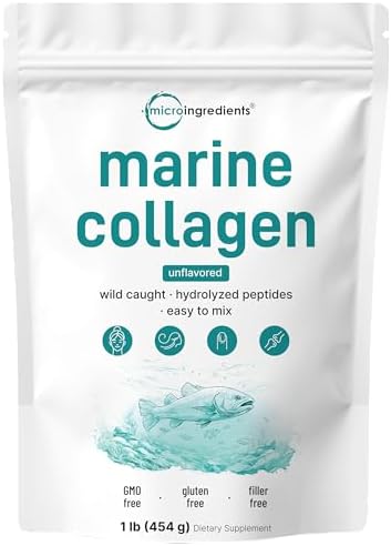 Micro Ingredients Marine Collagen Peptides Powder, 1 lb | Type I Marine Collagen + Natural Protein | Wild-Caught Fish Source | Unflavored | Supports Hair, Skin & Joint Health | Pescatarian, Non-GMO