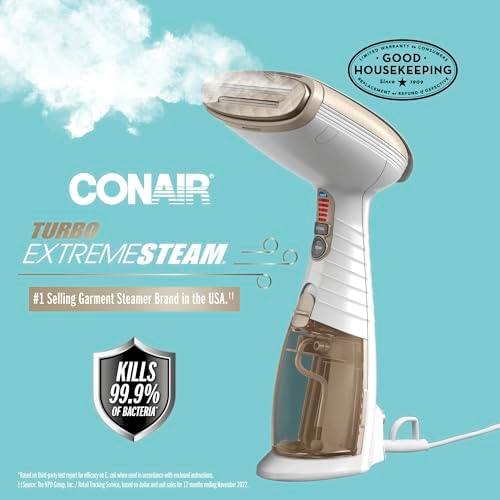 Conair Handheld Garment Steamer for Clothes, Turbo ExtremeSteam 1875W Fabric Steamer, Portable Handheld Design, Strong Penetrating Steam, Amazon Exclusive, White/Champagne