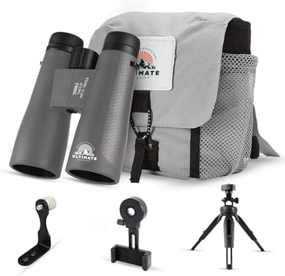12x50 HD Binoculars for Adults – Powerful Waterproof Binoculars with Phone Adapter & Tripod Mount | BaK-4 Prism for Bird Watching, Hunting, Stargazing, Travel & Cruise - Grey