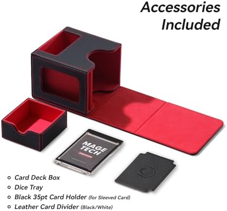 Card Deck Box for MTG Commander - Patented Design, Commander Display, Fits 100 Double-Sleeved Cards, 35pt Card Brick & Dice Tray - Black/Red
