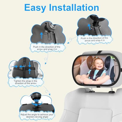 Baby Car Mirror, Safety Car Seat Mirror for Rear Facing Infant, Clear Wide View, 360°Rotation, Easily Observe the Baby Move, Secure, Shatterproof, Crash Tested and Certified (2-Pack)