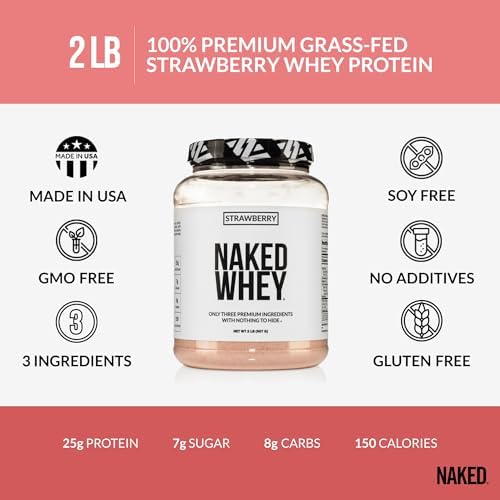 NAKED Strawberry Whey Protein Powder, Only 3 Ingredients, 25g Grass Fed Whey Protein Powder, Aid Muscle Growth & Recovery - 24 Servings