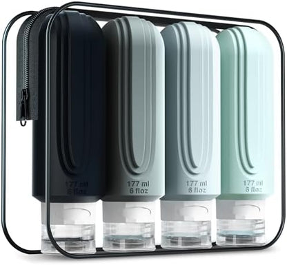 Travel Bottles for Toiletries, Large 6oz Oversize Containers, BPA Free Leak Proof Tubs Refillable Liquid Traveler Accessories with Toiletry Bag for Cometic Shampoo and Lotion Soap (4 Pack)