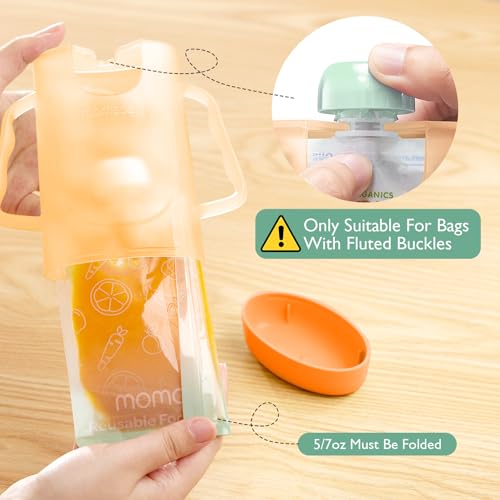 Momcozy Squeeze Pouch Holder for Food Pouches and Drink Boxes, Baby Pouch Holder Allows Baby to Self-feed and Avoid Messes, Baby Food Pouch Holder Handle is Easy to Grip, Comfortable, Green&Orange