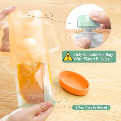 Momcozy Squeeze Pouch Holder for Food Pouches and Drink Boxes, Baby Pouch Holder Allows Baby to Self-feed and Avoid Messes, Baby Food Pouch Holder Handle is Easy to Grip, Comfortable, Green&Orange