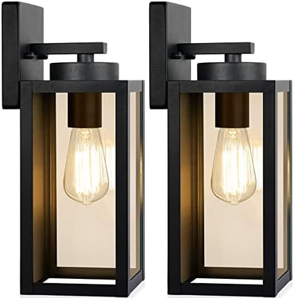 Outdoor Wall Light Fixtures, Exterior Waterproof Lanterns, Porch Sconces Wall Mounted Lighting with E26 Sockets & Glass Shades, Modern Matte Black Wall Lamps for Patio Front Door Entryway, 2-Pack
