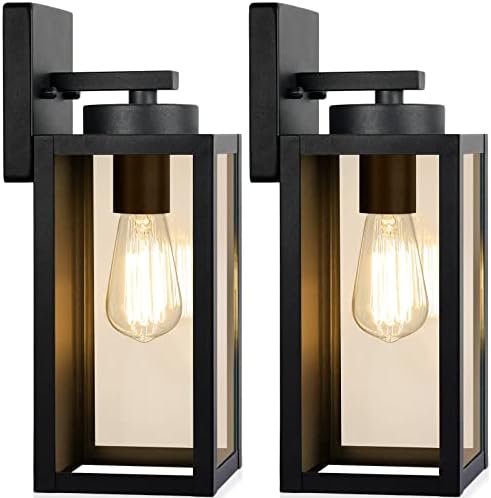 Outdoor Wall Light Fixtures, Exterior Waterproof Lanterns, Porch Sconces Wall Mounted Lighting with E26 Sockets & Glass Shades, Modern Matte Black Wall Lamps for Patio Front Door Entryway, 2-Pack