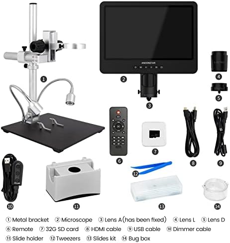Andonstar AD249S-M 10.1 Inch HDMI Digital Microscope 2000x for Adults, 3 Lens 2160P UHD Video Record, Soldering Microscope for Electronics Repair, Error Coins, Pro Boom Arm Stand, Windows Compatible