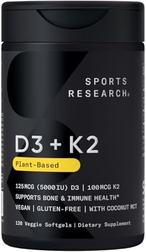 Sports Research® Vitamin D3 + K2 with Coconut MCT Oil | Vegan D3 5000 IU with K2 100 mcg for Bone & Immune Health | Vegan Certified, Soy & Gluten Free - 120 Softgels