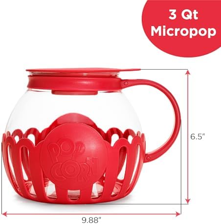 Ecolution Patented Micro-Pop Microwave Popcorn Popper with Temperature Safe Glass, 3-in-1 Lid Measures Kernels and Melts Butter, Made Without BPA, Dishwasher Safe, 3-Quart, Red