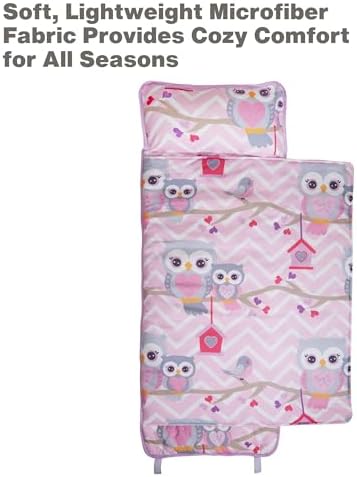 EVERYDAY KIDS Nap Mat with Removable Pillow - Sweet Owls - Carry Handle with Straps Closure, Rollup Design, Soft Microfiber for Preschool, Daycare, Travel Sleeping Bag - Ages 3-6 Years