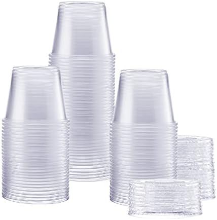 GUSTO [5.5 oz. - 100 Count Clear Disposable Plastic Portion Cups with Lids - Soufflé Cups, Jello Shot Cups With Lids, Plastic Containers Perfect for salad Dressing and More- Formerly Comfy Package