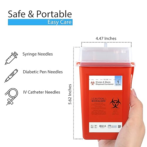 Sharps Containers for Home Use - 10 Pack, Needle Disposal, Sharps Disposal, Small Biohazard Containers - 1 Quart, Small Portable Container for Travel