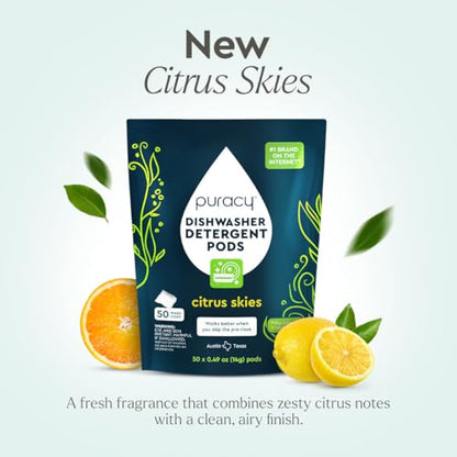 Puracy Dishwasher Pods, Natural Dishwasher Detergent, Citrus Skies Dish tabs - Enzyme-Powered, Spot & Residue Free - TikTok Trend Items, Must Haves from TikTok Made Me Buy It (Citrus Skies, 50 Count)