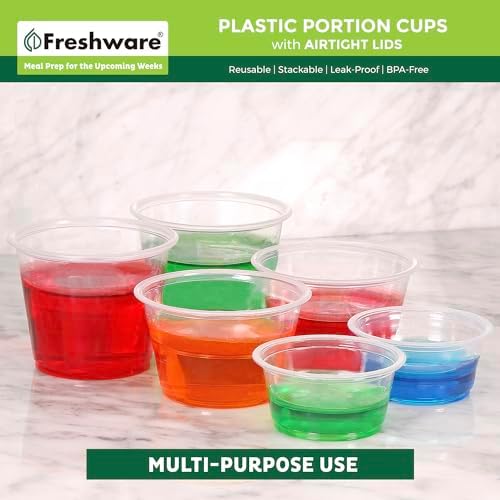 Freshware Plastic Portion Cups with Lids [5.5 Ounce, 200 Sets] Souffle Cups, Jello Shot Cups, Condiment Sauce Containers For Sampling, Sauce, Snack or Dressing