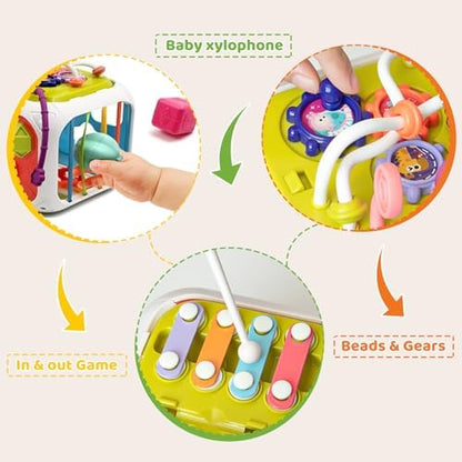 MINGKIDS 7 in1 Sensory Development Multifunctional Sensory Teething Toys for 1 2 Year Old Boy Girl,Shape Sorter Pull String Travel Car Toys for 12 Month