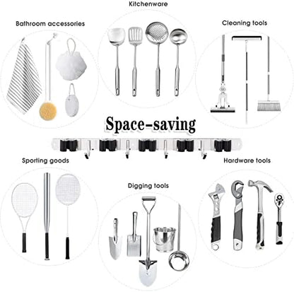 AceMining 5 Racks and 4 Hooks Mop and Broom Holder Wall Mount, Broom Organizer Storage Tool Racks Stainless Steel Heavy Duty Hooks Self Adhesive Solid Non-slip for Home Kitchen Garden Laundry Garage