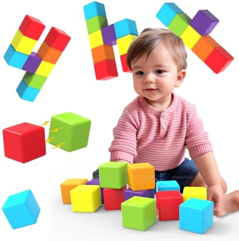 Magnetic Building Blocks Large, 1.65 inch Magnetic Stacking Cubes for Toddlers, Sensory & Montessori Toys for Boys & Girls 1 2 3 Years Old (12 PCS)