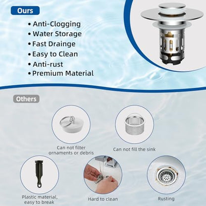 Hibbent 2 Pack 3 in 1 Bathroom Sink Drain Strainer, Universal Pop Up Stopper with Removable Stainless Steel Filter Basket Hair Catcher, Sink Plug for 1.1''~2.36'' Basin, Brass Bullet Core, Chrome