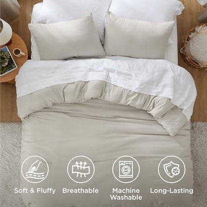 Bedsure King Size Comforter Set, Beige Soft Prewashed Bedding for All Seasons, 3 Pieces GentleSoft™ Warm Down Alternative Bed Set, 1 Lightweight Comforter (104"x90") and 2 Pillowcases (20"x36")