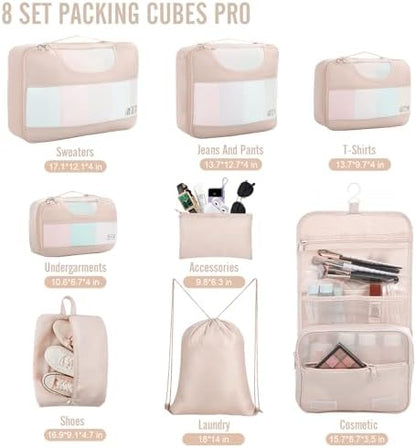 Veken 8 Set Packing Cubes for Travel, Beach Vacation Essentials Accessories for Cruise Ship, Suitcase Organizer Bags for Luggage with Hanging Toiletry & Shoe Bag, Birthday Gifts for Women Mom Her