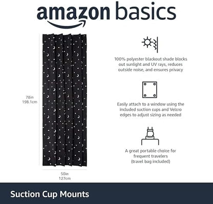 Amazon Basics Portable Blackout Curtain Shade with Suction Cups, 50" W x 78" L, 1-Pack, Moon and Stars