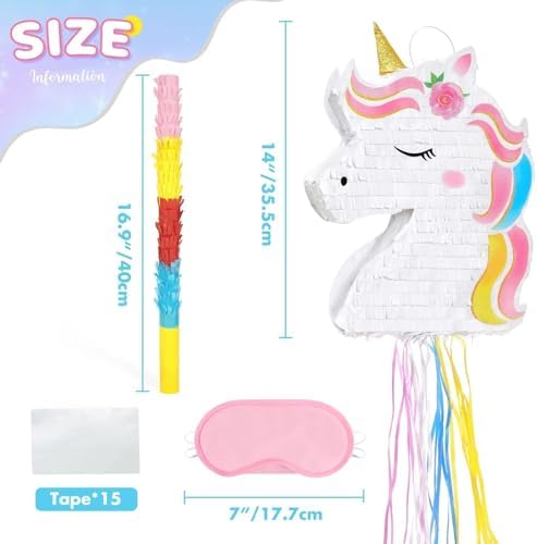 WERNNSAI Foldable Unicorn Piñata - Pull String Unicorn Birthday Party Supplies Extendable Unicorn with Blindfold Bat and Tassels Unicorn Birthday Party Decoration Games Folding Piñatas for Kids
