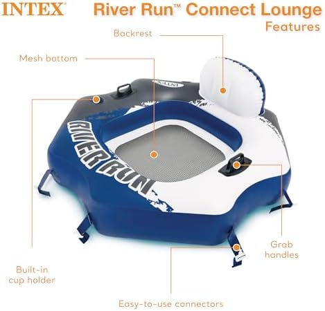 Intex 58854EP River Run Connect Inflatable Floating Lounge: Comfortable Backrest – Built-in Cup Holder – Durable Grab Handles – Easy-to-Use Connectors – 220lb Weight Capacity