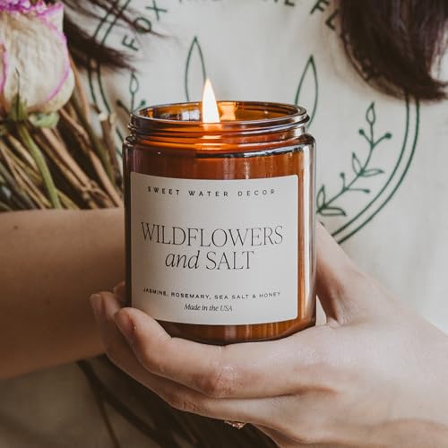 Sweet Water Decor Wildflowers and Salt Soy Candle - Jasmine, Rosemary, Honey, Sea Salt Scented Spring Candles for Home - 9oz Amber Jar + Black Lid, 40+ Hour Burn Time, Made in The USA