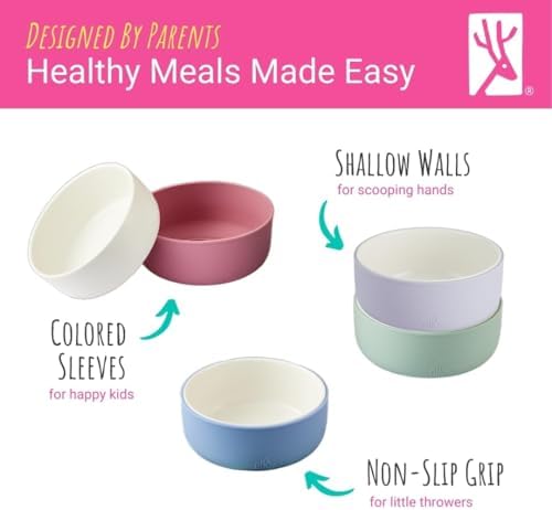 Elk and Friends Kids Porcelain Bowls with Silicone Sleeve | Kids/Toddler/Baby Feeding | Microwave & Dishwasher Safe | Non slip | Cereal/Soup/Snack Dishes & Dinnerware
