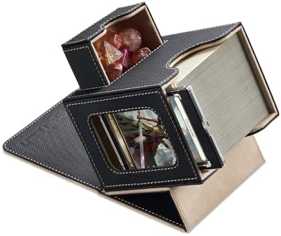 Card Deck Box for MTG Commander - Patented Design, Commander Display, Fits 100 Double-Sleeved Cards, 35pt Card Brick & Dice Tray - Black/Pale Gold