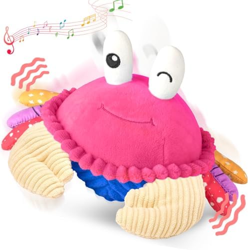 Pink Crawling Crab Baby Toy - Rechargeable Musical Plush Toys with 40 Songs & Voice Recorder, Sensory Toy for Infant Tummy Time, Soft Toy for 12-18 Months Girl, Gift for Toddlers 1-3