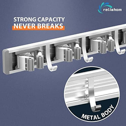 2 Pack Broom Holder Wall Mount Mop and Broom Hanger Wall Mounted Garage Storage Rack Kitchen Garden Tool Organizer (5 Racks with 4 Hooks, Silver)