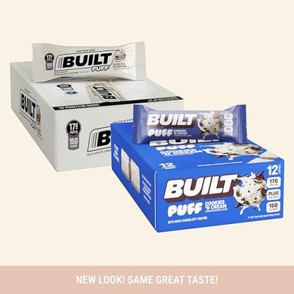 Built Bar, Puff Protein Bars, Cookies 'N Cream Puff, 17g Protein Snacks, On-The-Go Bars, Only 140 Calories, 7g Sugar, Collagen, Not Gluten Free, 12 Count