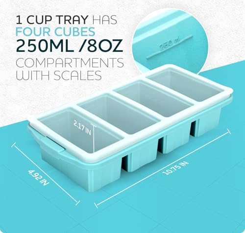 Silicone Freezer Tray With Lid - Soup Freezer Container molds - Large Ice Cube Tray- makes 8 perfect 1 cup portions cubes, 2-Pack Freezer Storage Food Soups & Meal Prep - Oven & Dishwasher -Safe