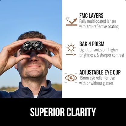 GORILLA GRIP 10x25 Compact Binoculars for Adults with Strap, Superior High Powered Clear 10X Magnification, Lightweight, Bird Watching, Hunting, Stargazing, Adjustable Eye Cups, Black